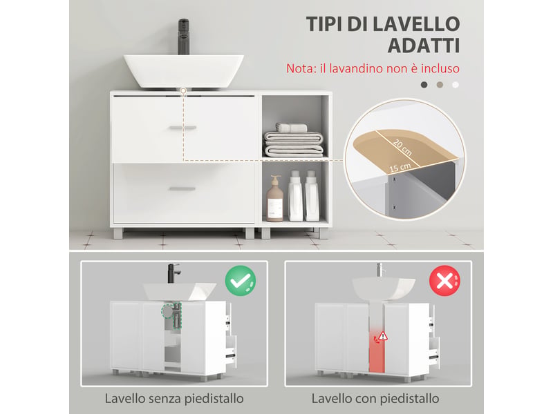  Meuble sous lavabo pour vasque suspendue sans colonne, 2 tiroirs, étagères, blanc, 90 cm  - Conforama R
