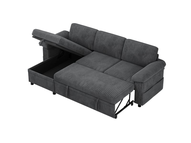  Canapé d'angle convertible modenvie avec méridienne réversible, coffre, usb et prise type-c, gris en velours côtelé 214 x 138,5 x 89 cm  - Conforama A