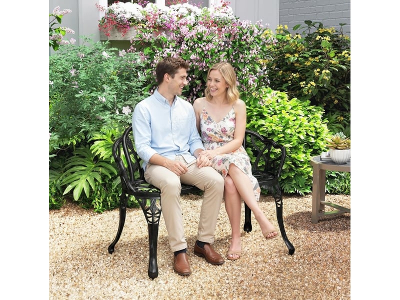 Banc de jardin 2 places en aluminium noir à dossier tulipe, résistant aux intempéries, pour terrasse et balcon - Conforama B