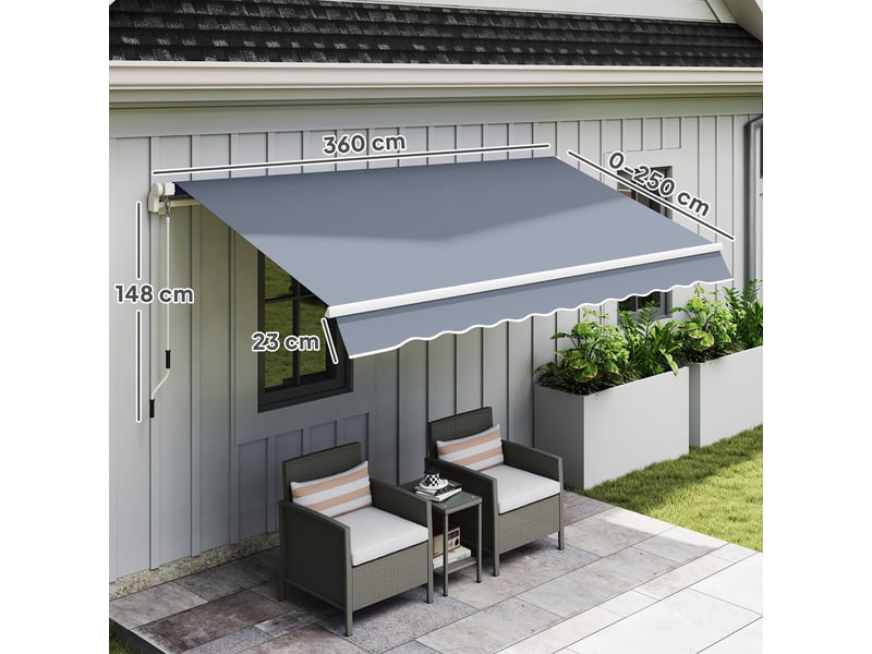  Store extérieur avec bras rétractables et ouverture à manivelle, 360 x 250 cm, gris  - Conforama E