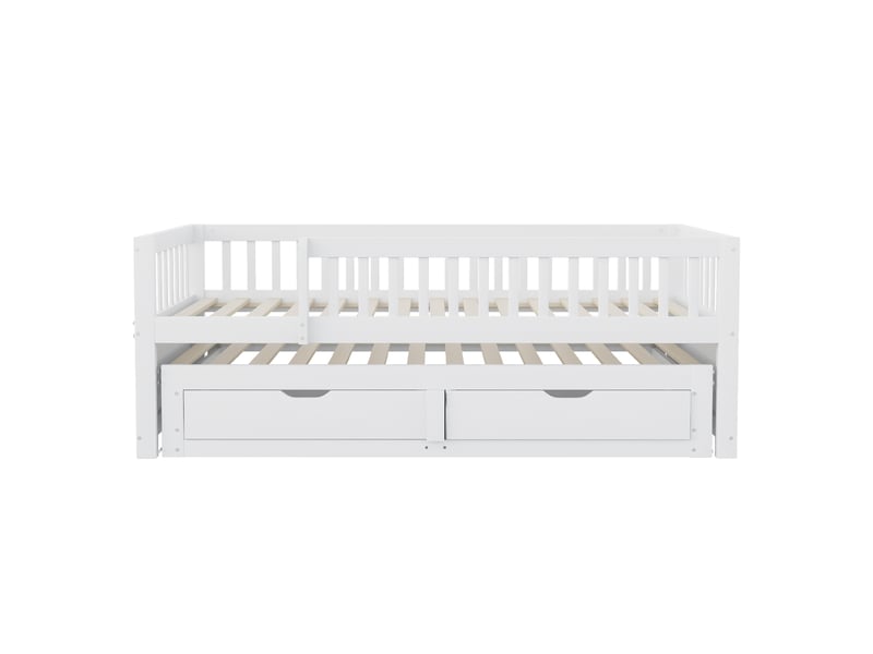  Lit banquette avec lit gigogne et 2 tiroirs, bois massif blanc, 90x200 cm, barrières et sommier  - Conforama A