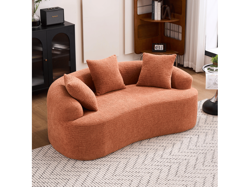 Canapé modulable incurvé 2 places en chenille rose corail avec 3 coussins - Conforama B