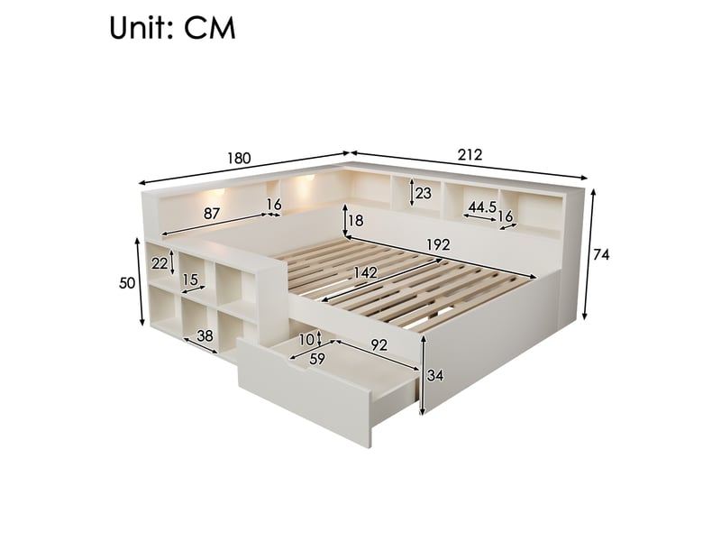  Lit double avec rangement 140 x 190 cm blanc en bois, éclairage de lecture et ports usb type c intégrés  - Conforama C