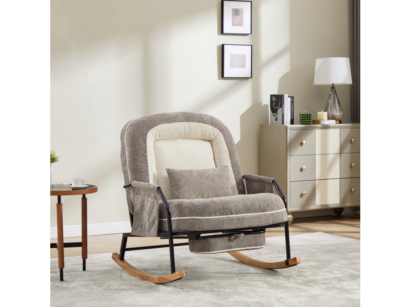 Fauteuil à bascule inclinable avec repose-pieds coulissant, poche latérale et coussin en fausse fourrure gris clair - Conforama D