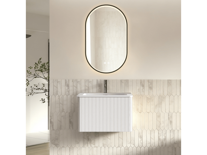 Ensemble meuble salle de bain avec miroir led - meuble vasque suspendu 60 cm, miroir ovale anti-buée - Conforama E
