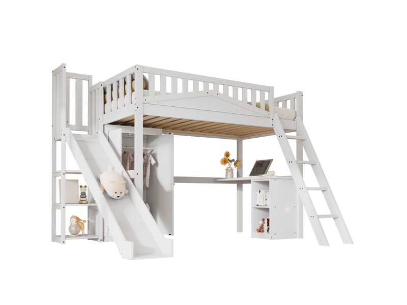  Lit mezzanine enfant 90x200 cm avec toboggan, bureau et armoire blanc  - Conforama A
