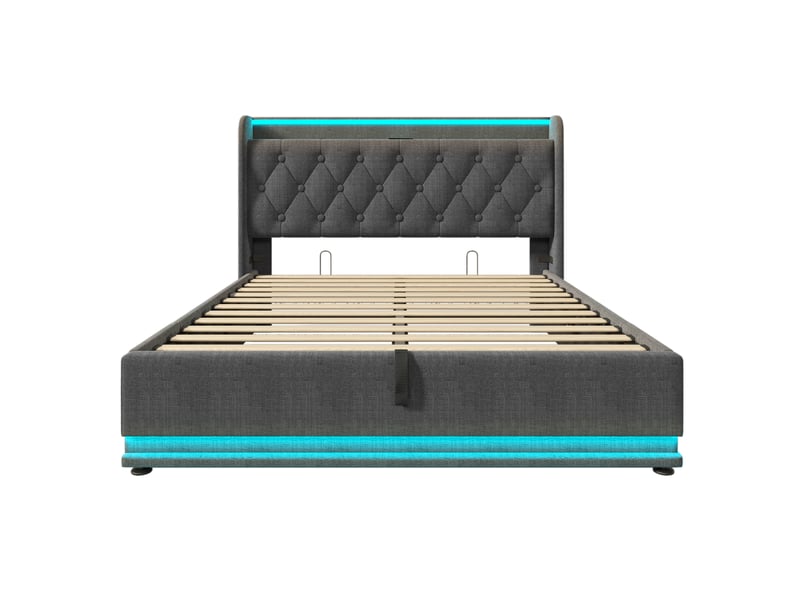  Lit coffre 160x200 cm led 360°, usb type-c, gris, lin, sans matelas  - Conforama D