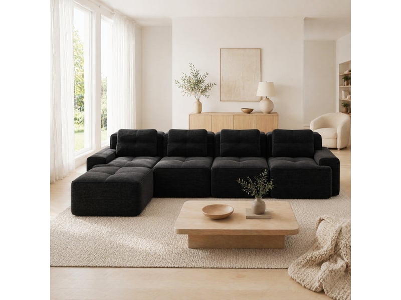  Canapé modulaire 4 places en velours côtelé noir avec méridienne en l  - Conforama D