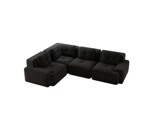 Canapé d'angle panoramique modulable 4 places en velours côtelé noir - 295 x 206 x 69 cm