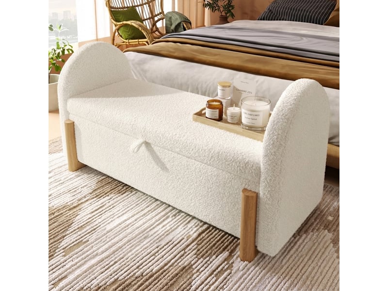  Banc de lit blanc 106 cm avec coffre, tissu bouclette et pieds en bois  - Conforama B