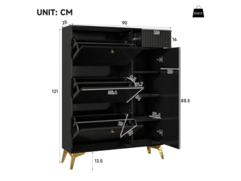  Meuble à chaussures 90×121×25cm, 3 rabats + tiroir + porte, noir  - Conforama C