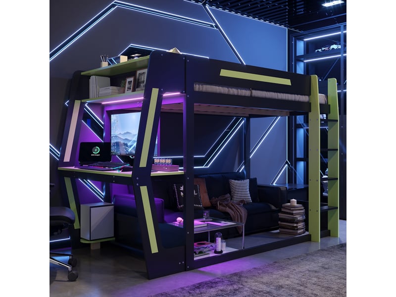  Lit mezzanine gaming 120x200 cm - lit mi-hauteur e-sport avec bureau, étagères et éclairage led - noir et vert  - Conforama D