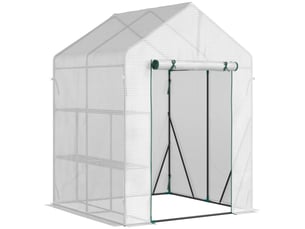 Serre jardin pe 2 niveaux étagères, balcon, bâche renforcée 140 gm², acier, porte zippée enroulable, légumesplantesfleurs, 143x143x195 cm, blanc.
