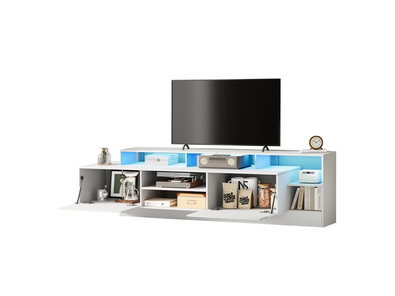  Meuble tv 190 cm blanc brillant avec led pour tv jusqu'à 70 pouces, 2 portes abattantes et rangement ouvert  - Conforama A