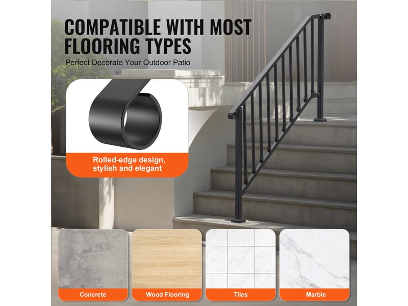 Vevor rampe deescalier pour 5 marches exterieures, main courante escalier en acier au carbone, avec kit deinstallation, pour personnes agees, marches en beton, porche, terrasse, arche retro noire  - Conforama E
