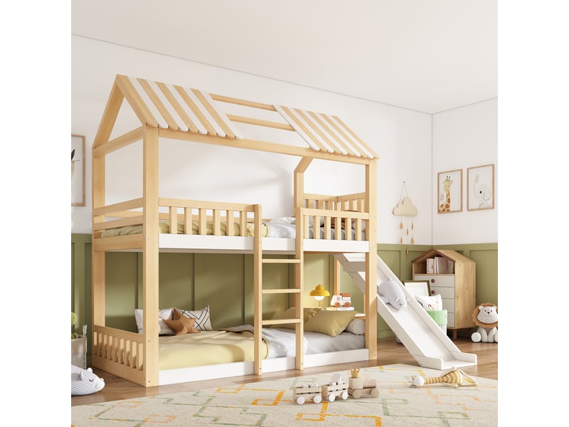  Lit superposé cabane 2 x 90x200 cm, toboggan de 35 cm, étagère latérale, toit à pignon et sommiers à lattes inclus, bois, blanc et bois naturel Luxe haut de gamme - Conforama D
