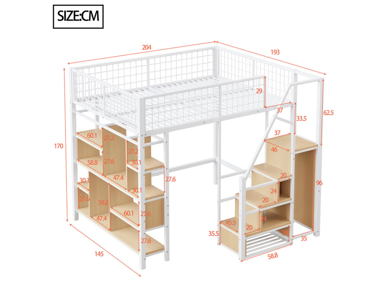  Lit mezzanine enfant 140x200 cm, avec escalier de rangement, espace sous lit multifonction, métal, blanc, sans matelas  - Conforama C