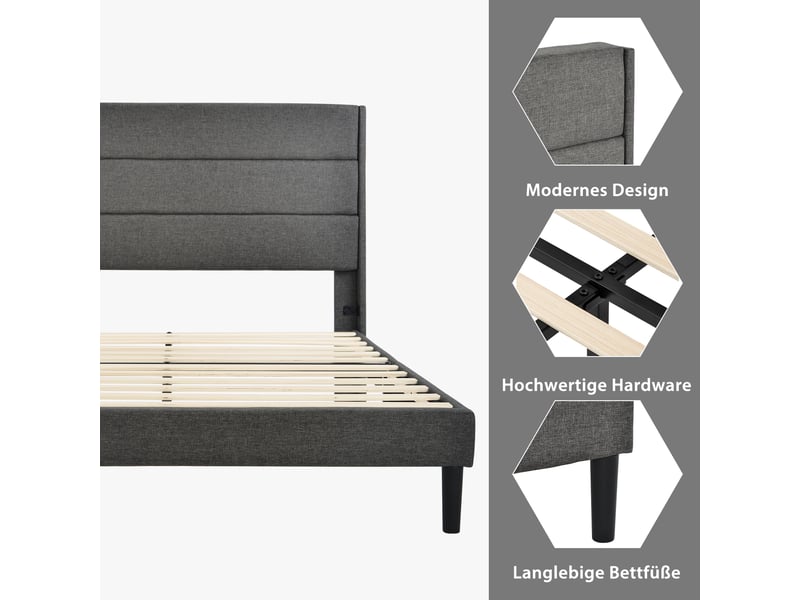  Lit double rembourré 140x200 cm, sommier a lattes et tête de lit, lit enfant rembourré, lit adulte, gris, revêtement textile en lin  - Conforama E