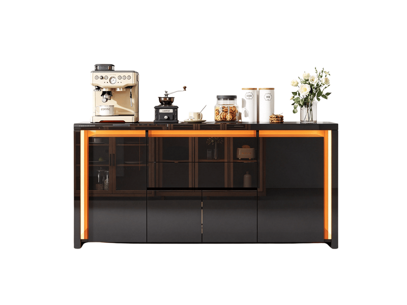  Meuble cuisine noir, 160x35x75 cm buffet cuisine bas noir laqué avec éclairage led - 4 portes et 2 tiroirs - pour cuisine, salle à manger, salon  - Conforama A