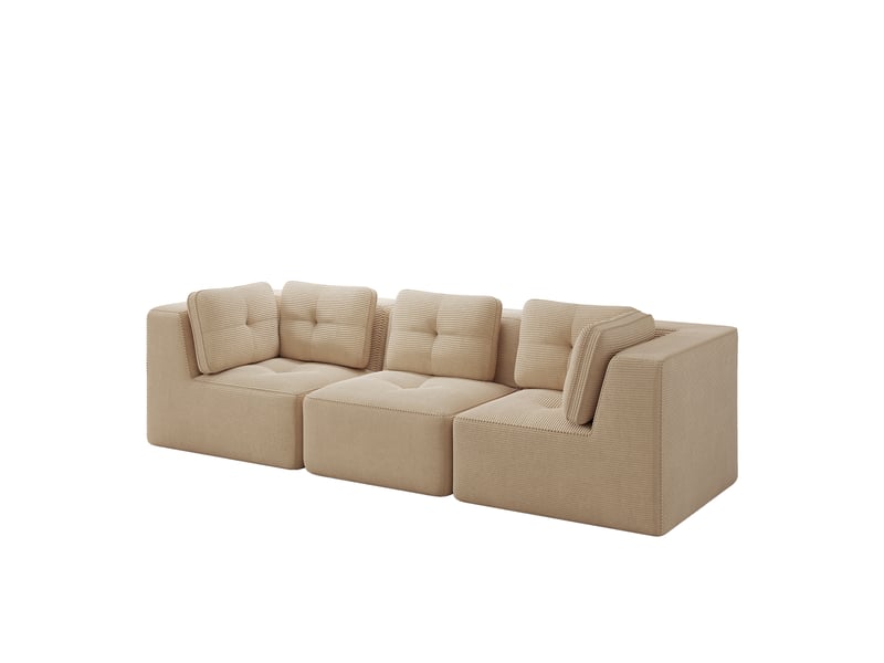  Canapé d'angle modulaire avec assise profonde, dossier souple et larges accoudoirs, en velours côtelé beige  - Conforama A