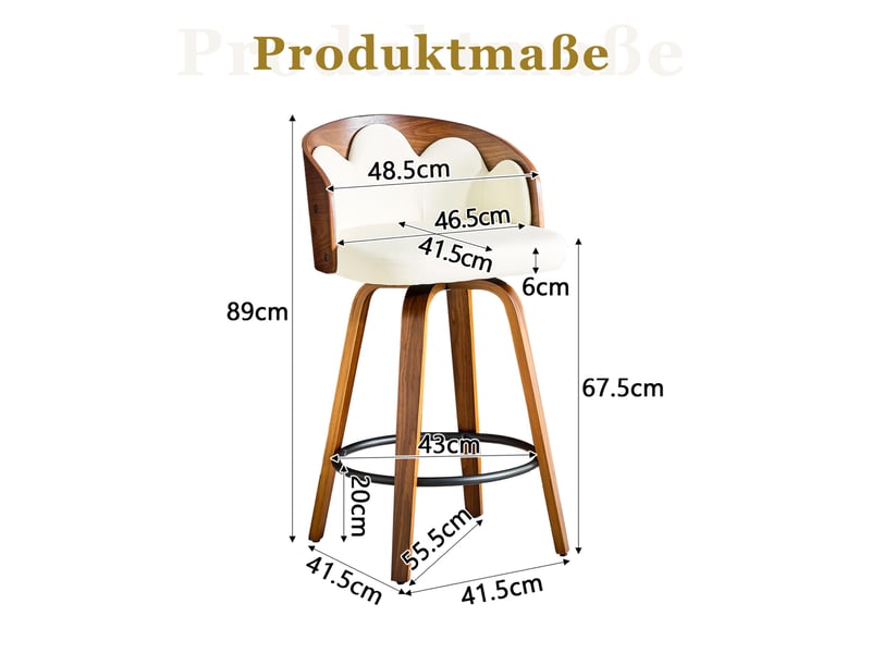  Tabouret de bar avec dossier ergonomique et repose-pieds en métal, assise rembourrée en bois et simili cuir blanc  - Conforama D