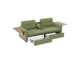 Canapé modulable droit 2 places en tissu chenille vert, 178 x 71 x 57,5 cm, porte-gobelets, tablettes intégrées, avec rangement, assise réglable