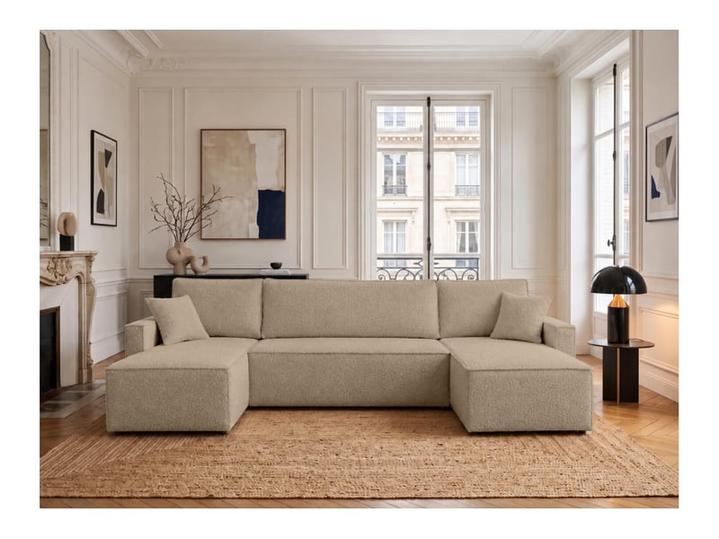  Farah - canapé d'angle panoramique convertible 6 places accoudoirs slim en tissu bouclettes généreuses  - Conforama B