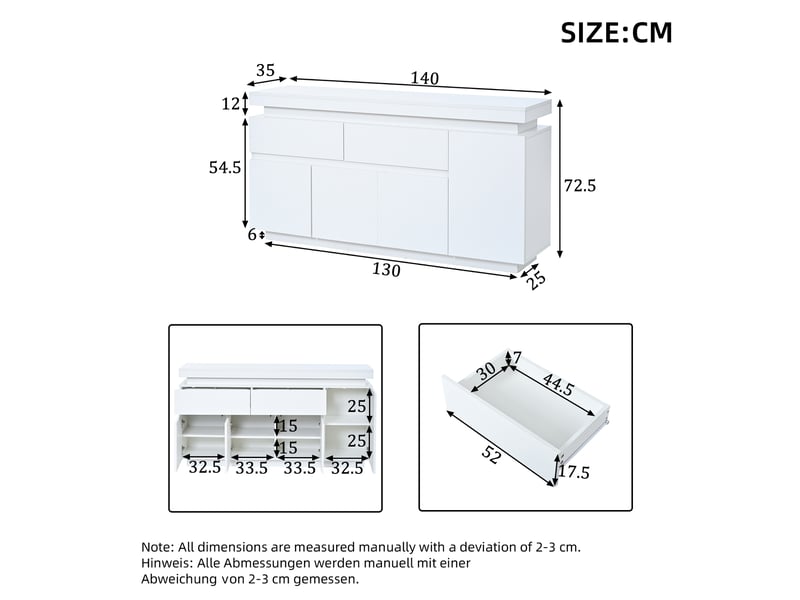 Buffet bas blanc 140 x 35 x 72,5 cm avec 2 tiroirs, 4 portes, éclairage led et port usb  - Conforama E