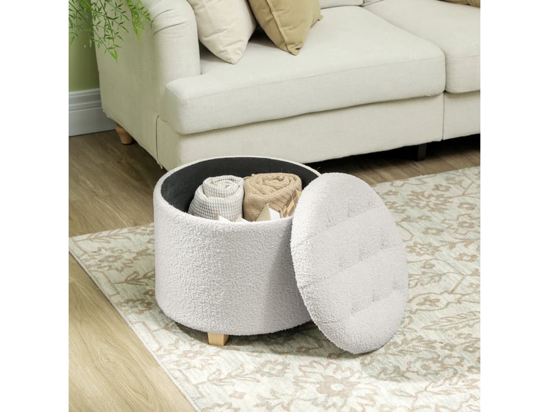  Pouf coffre rangement, tabouret rond, pouf repose-pieds en tissu bouclette, charge 120 kg, blanc,  45 x 41 cm  - Conforama W