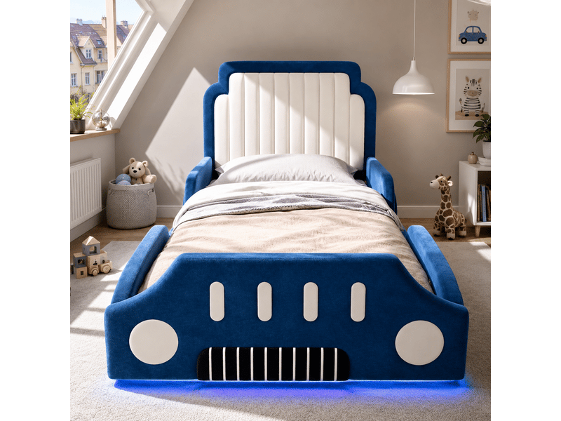  Lit enfant 90x200cm - design voiture - led - barrières sécurité - velours - bleu BUYDEEMEUS - Conforama C