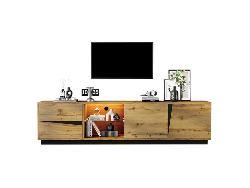 Meuble tv 180x35x45 cm décor bois et noir mdf, 2 tiroirs, 2 portes, led et passage de câbles  - Conforama A