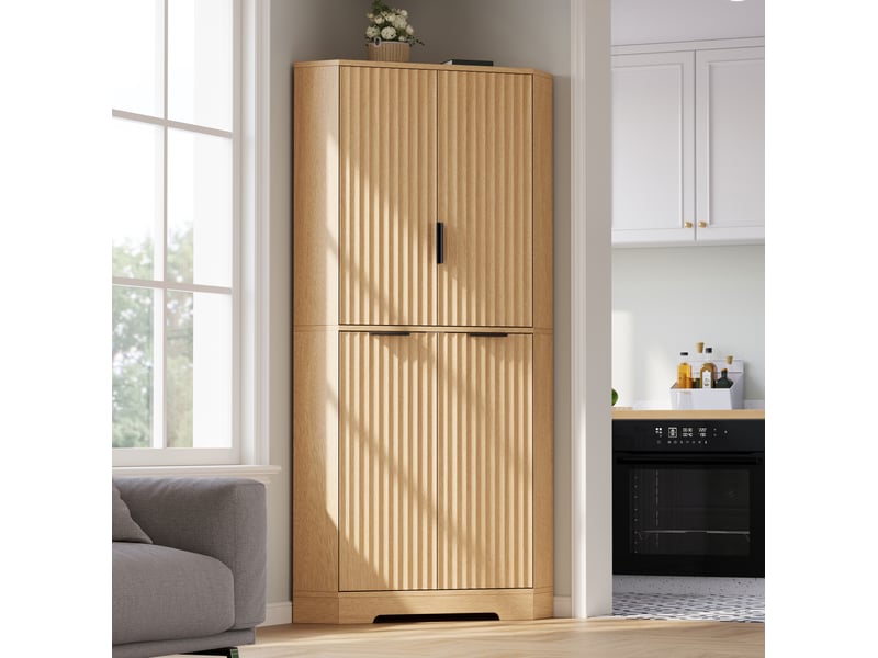 Meuble d'angle avec 4 portes et étagères réglables, finition rainurée, pour cuisine et salon, 60 × 60 × 172 cm - Conforama E