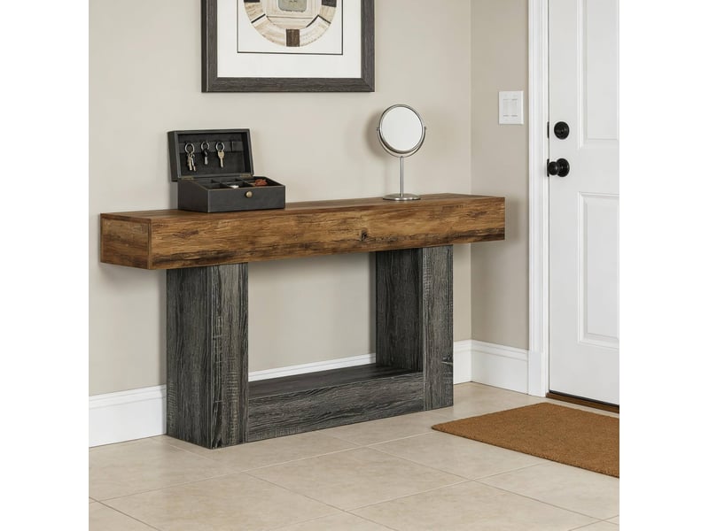  Console avec étagère inférieure et base en u, style campagne, pour salon, en mdf, gris rustique, 160 cm  - Conforama C