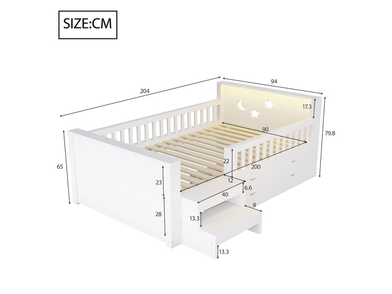  Lit simple enfant 90x200 cm - 4 tiroirs et rangement - tête de lit led avec motifs étoiles et lune - barrières et marchepied - blanc  - Conforama C
