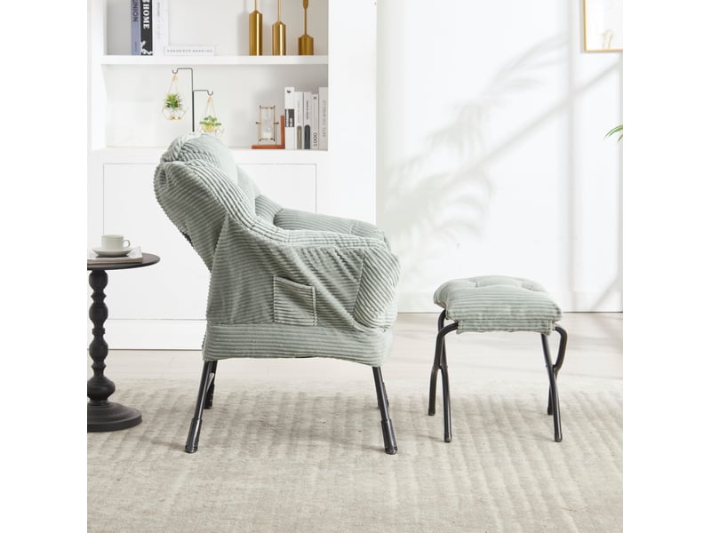  Fauteuil lounge 70x64x95 cm avec ottoman 50x45x46 cm, dossier incurvé et design ergonomique, cadre en métal, tissu flanelle vert clair  - Conforama D