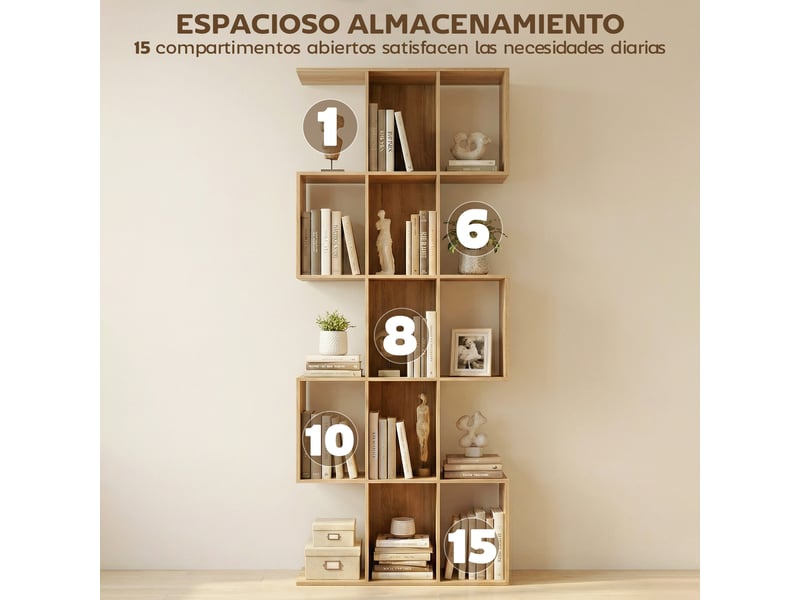  Bibliothèque en forme de s à 5 niveaux pour salon, chambre, bureau, 80 x 24 x 200 cm, chêne  - Conforama E