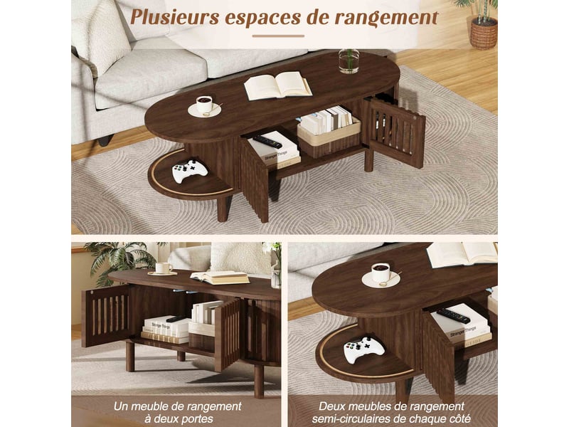  Table basse ovale 100x40x38 cm en mdf avec 2 portes cannage et porte coulissante, table de salon avec rangement, pieds en bois - noyer  - Conforama E