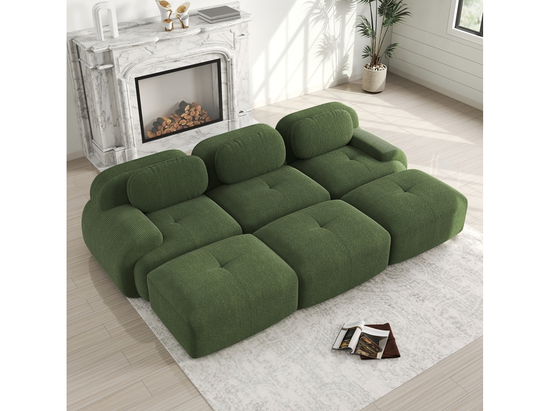  Canapé d'angle modulable 3 places en velours côtelé vert avec 3 poufs, sans montage, idéal pour salon et cinéma maison  - Conforama E
