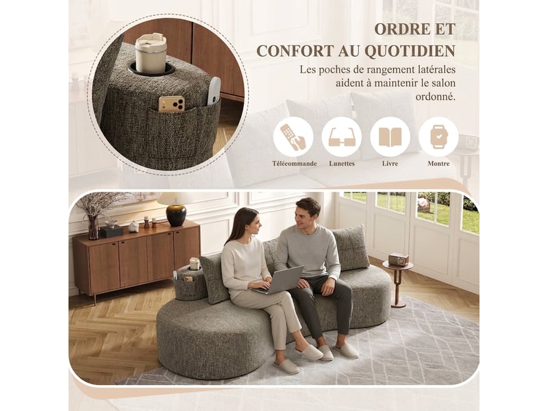  Canapé 4 places en lin avec porte-gobelet intégré 240 cm 4 coussins et poches latérales  - Conforama R