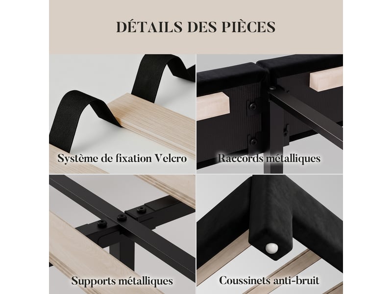  Lit double 140x200 cm, structure métallique avec cadre de lit rembourré et sommier à lattes en bois, charge maximale 500 kg, noir  - Conforama C