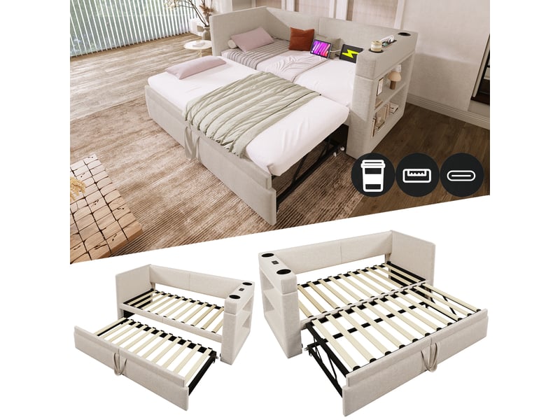  Canapé-lit 90x200 cm, lit enfant, couchage d'appoint, couchage gigogne extensible, usb et usb-c, lin beige  - Conforama A