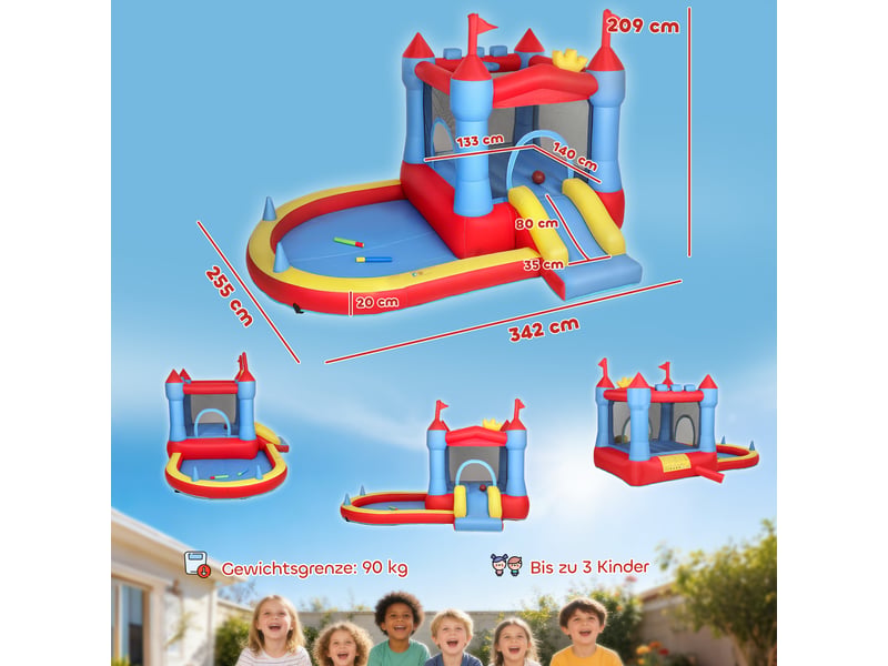 Château gonflable avec souffleur, toboggan, trampoline, pataugeoirepiscine à balles, pistolet à eau, 342 x 255 x 209 cm, bleu - Conforama E