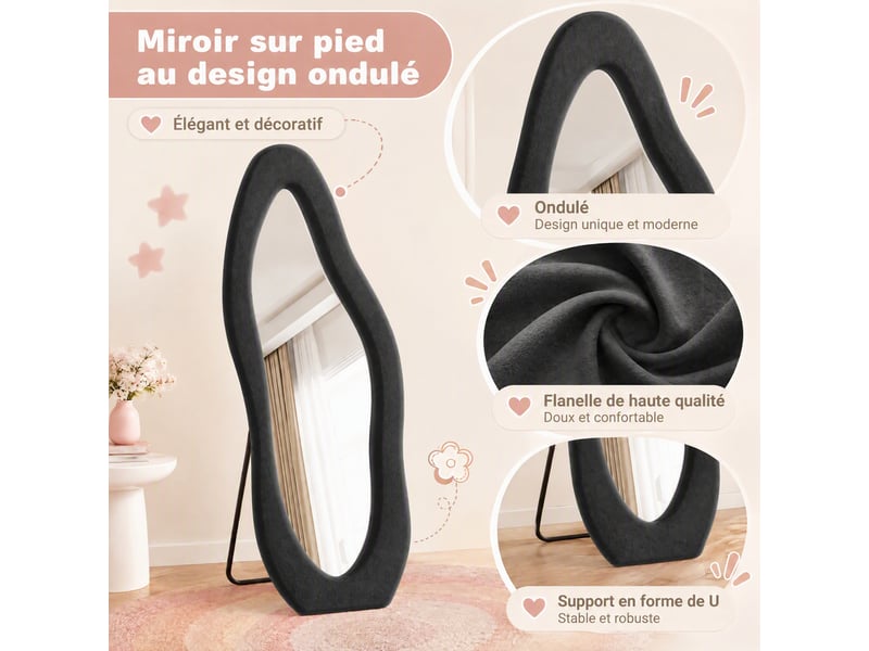  Miroir corps entier 160x50 cm, miroir sur pied ondulé asymétrique, avec pied u, pour chambre et dressing, cadre velours doux style scandinave, rose  - Conforama D