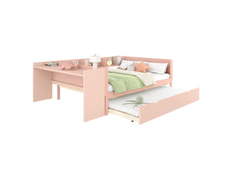  Lit gigogne 140x200 cm avec bureau et étagères, en pin, rose et blanc  - Conforama A