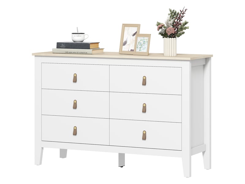  Commode à 6 tiroirs avec poignées en similicuir, 120 x 40 x 78 cm, blanche  - Conforama B