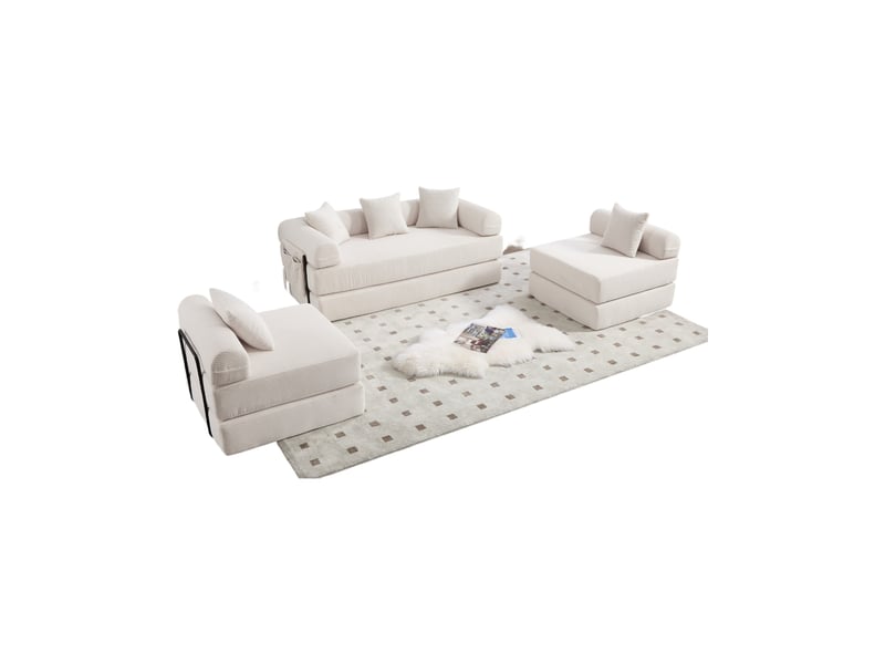  Canapé modulable convertible 4 places en velours côtelé beige, rangement latéral et modules flexibles  - Conforama A