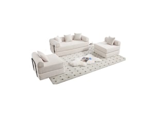 Canapé modulable convertible 4 places en velours côtelé beige, rangement latéral et modules flexibles