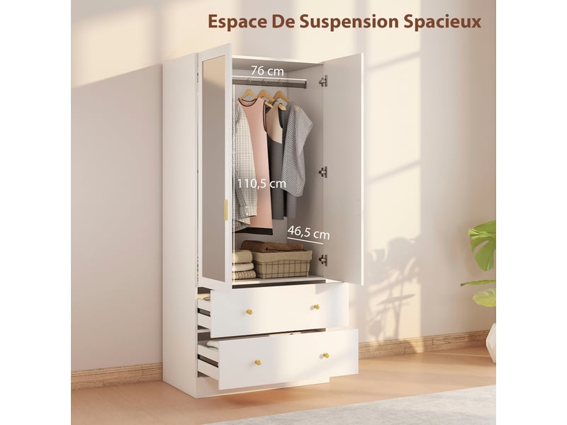  Armoire chambre penderie avec miroir, 2 portes, 80 x 50 x 180 cm, 2 tiroirs et barre de suspension, blanc  - Conforama A