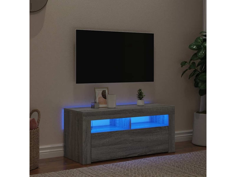  Meuble tv - banc tv - meuble de rangement avec lumières led sonoma gris 90x35x40 cm  - Conforama C