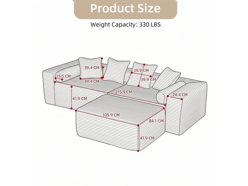 Canapé modulable d'angle 3 places compressé 266x110x60 cm, pour salon, élégant, en mousse douce et velours côtelé, noir - Conforama C